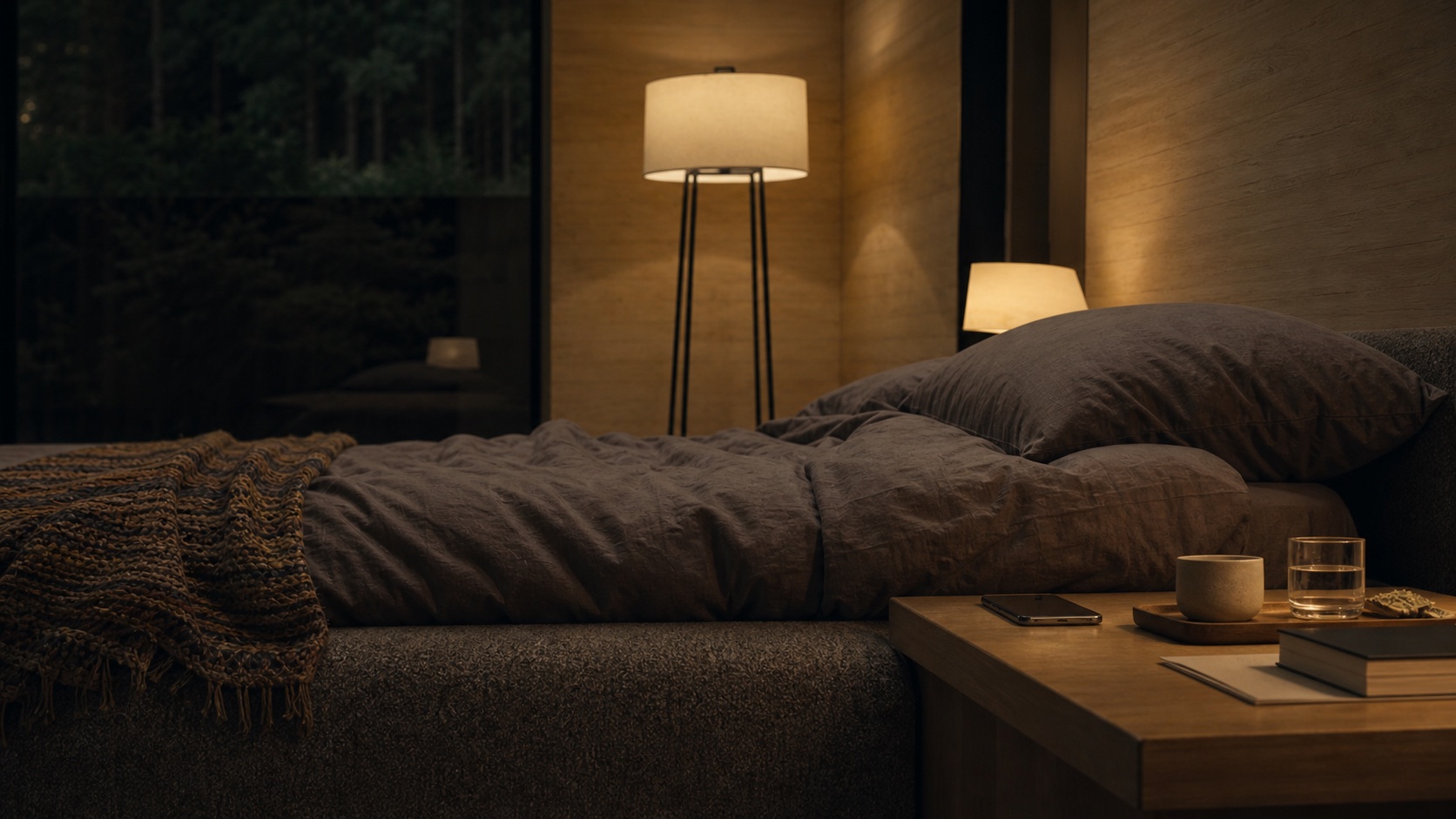 A quiet bedside scene with warm light, linen bedding, and a phone placed away from the bed