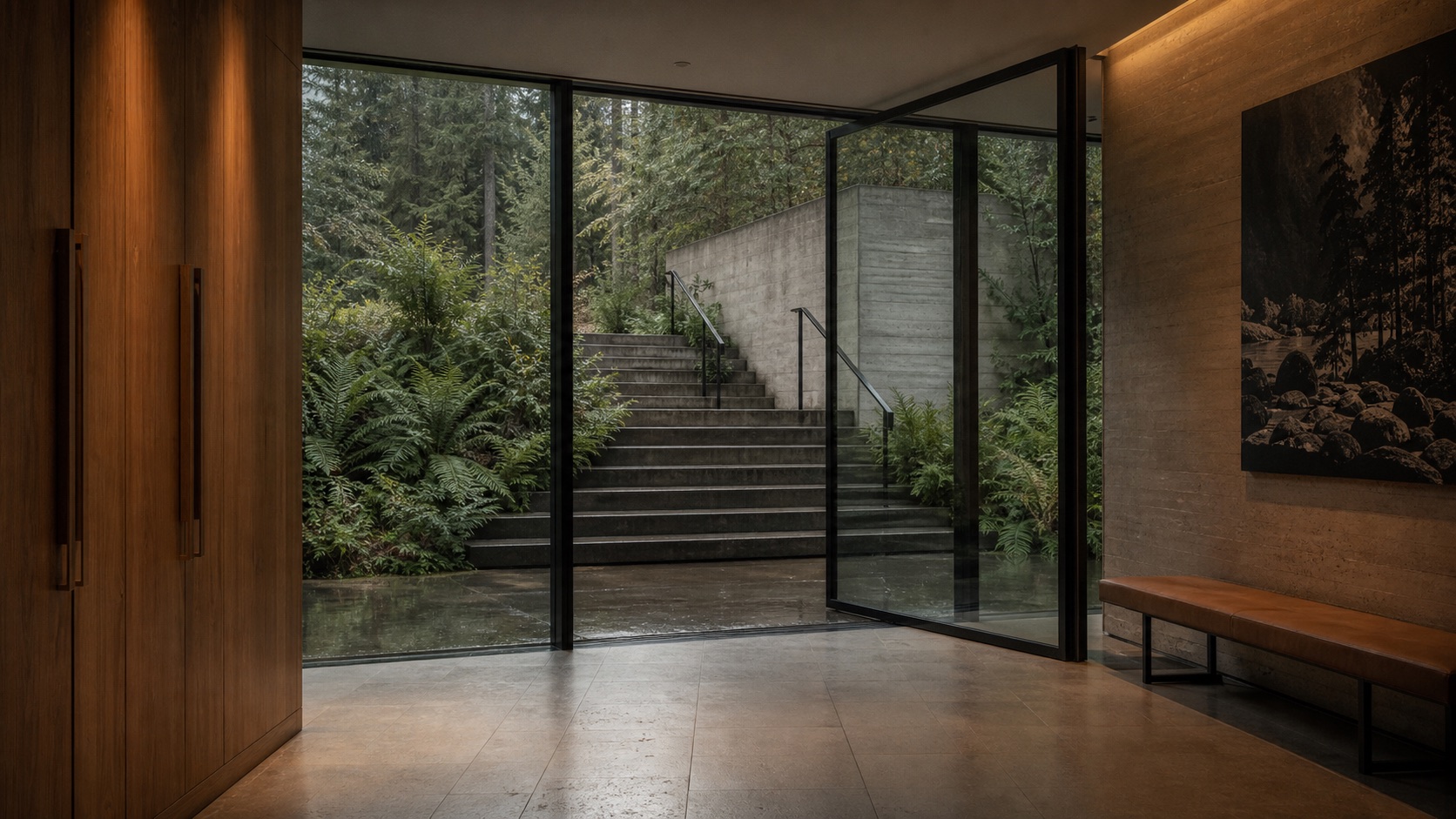 A quiet glass entrance set within a forested modern retreat